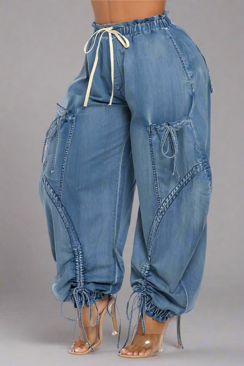 Urban Chic Drawstring Denim Cargo Pants