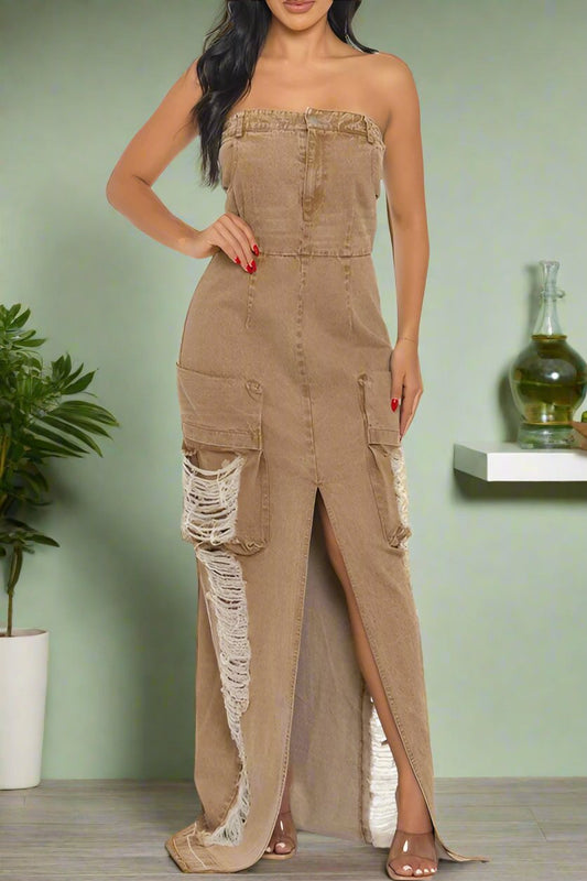 Vintage Washed Distressed Cargo Maxi Dress